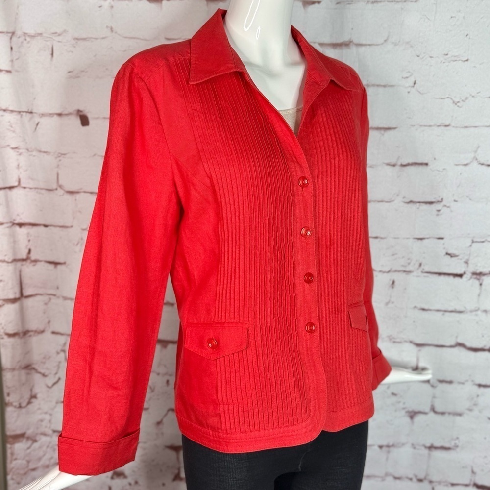JONES NY 14P Petite Reddish Orange 100% Linen Pin Tuck Design Blazer Jacket - Picture 1 of 11